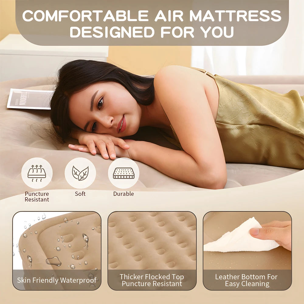 Queen Air Mattress with Built in Pump Upgraded Blow Up Mattress Luxury Flocked Top Airbed, Inflatable Mattress for Camping Guest